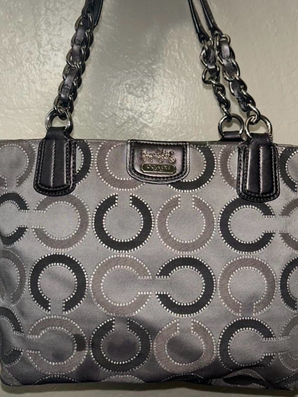 Coach Gray and Black Signature Chain-Handle Tote